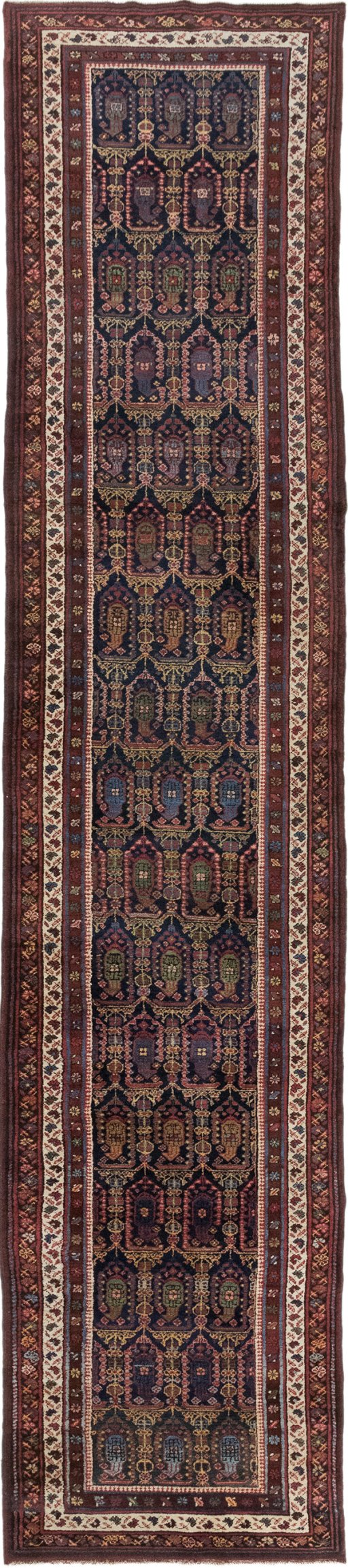 Full view of 1930s Meshkin rug from Iran / Persia, 461 × 97 cm in Dark blue tones
