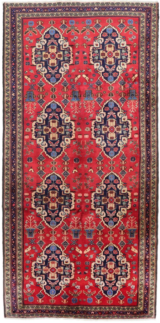Full view of 2000s Meshkin rug from Iran / Persia, 310 × 155 cm in Red tones