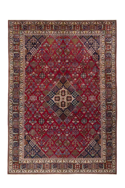 Full view of 1970s Meymeh rug from Iran / Persia, 423 × 302 cm in Red tones
