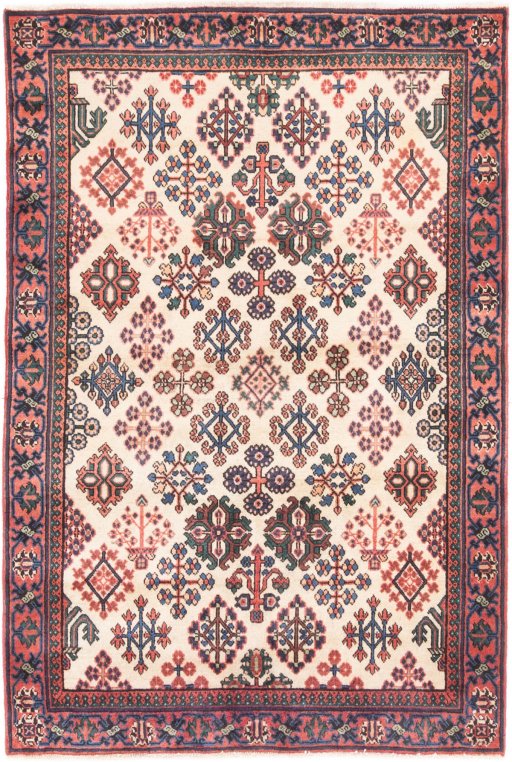 Full view of 1999s Meymeh rug from Iran / Persia, 150 × 100 cm in Cream tones