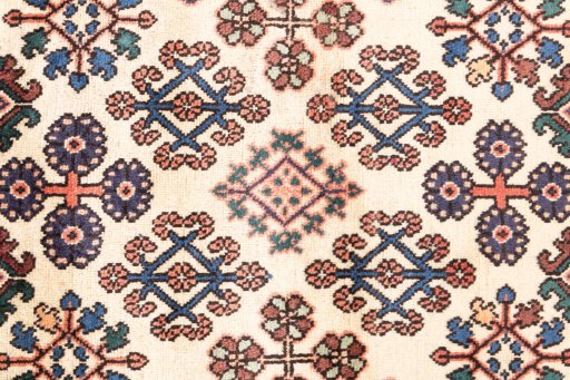 Full view of 1999s Meymeh rug from Iran / Persia, 150 × 100 cm in Cream tones