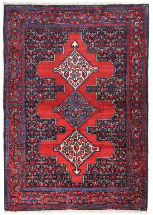 Full view of 1940s Senneh rug from Iran / Persia, 157 × 115 cm in Dark blue tones
