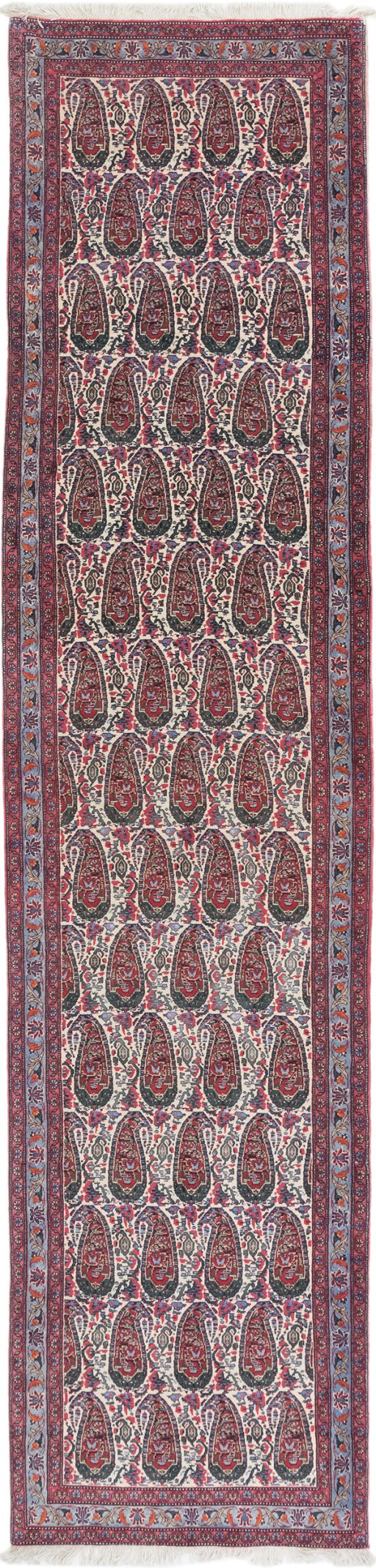 Full view of 1980s Senneh rug from Iran / Persia, 392 × 91 cm in Cream tones