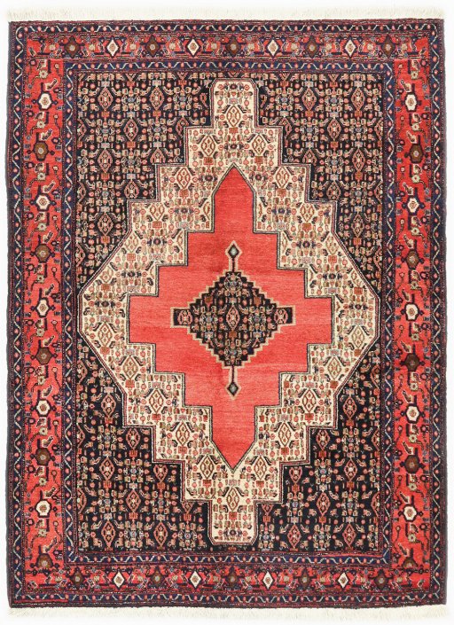 Full view of 1970s Senneh rug from Iran / Persia, 207 × 153 cm in Cream tones