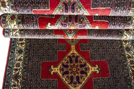 Full view of New Senneh rug from Iran / Persia, 377 × 91 cm in Red tones