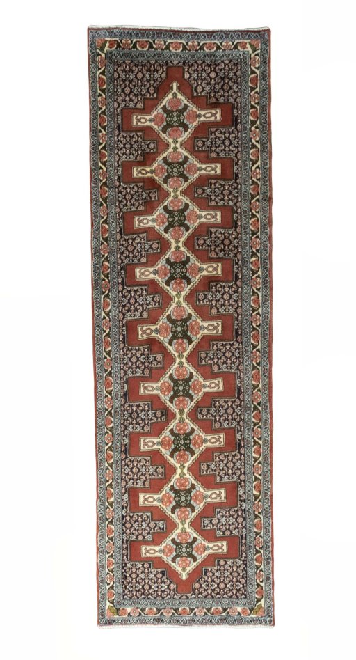 Full view of 2000s Senneh rug from Iran / Persia, 302 × 92 cm in Red tones