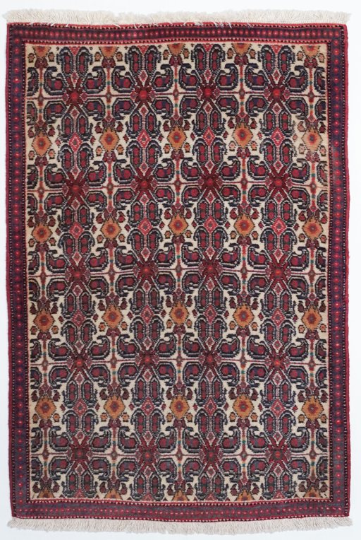 Full view of 1990s Senneh rug from Iran / Persia, 105 × 72 cm in Beige tones