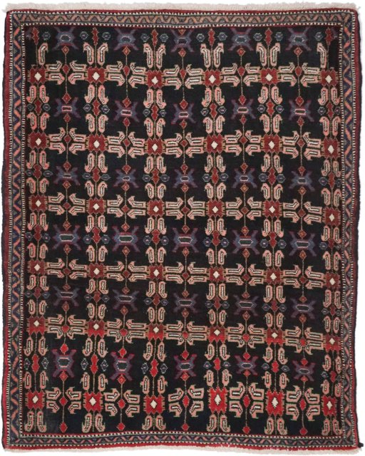 Full view of 1950s Senneh rug from Iran / Persia, 105 × 85 cm in Multi Color tones