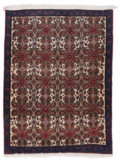 Full view of 1950s Senneh rug from Iran / Persia, 95 × 72 cm in Multi Color tones
