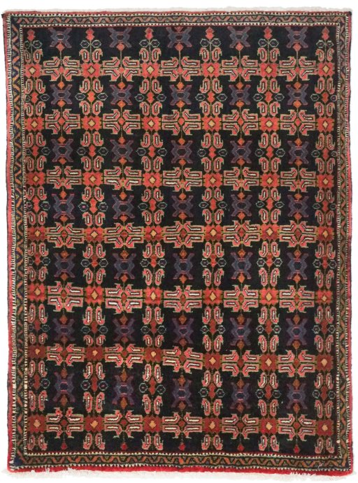 Full view of 1950s Senneh rug from Iran / Persia, 100 × 80 cm in Multi Color tones