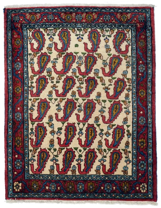 Full view of 1990s Senneh rug from Iran / Persia, 100 × 75 cm in Beige tones