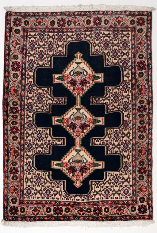 Full view of 1990s Senneh rug from Iran / Persia, 104 × 76 cm in Black tones