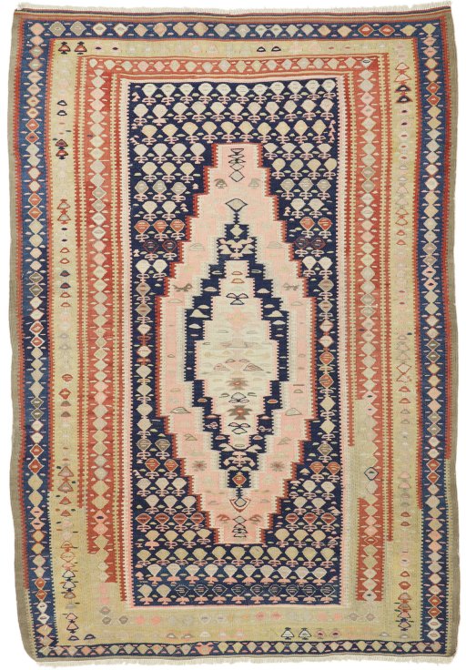 Full view of 1920s Senneh rug from Iran / Persia, 143 × 103 cm in Multi Color tones