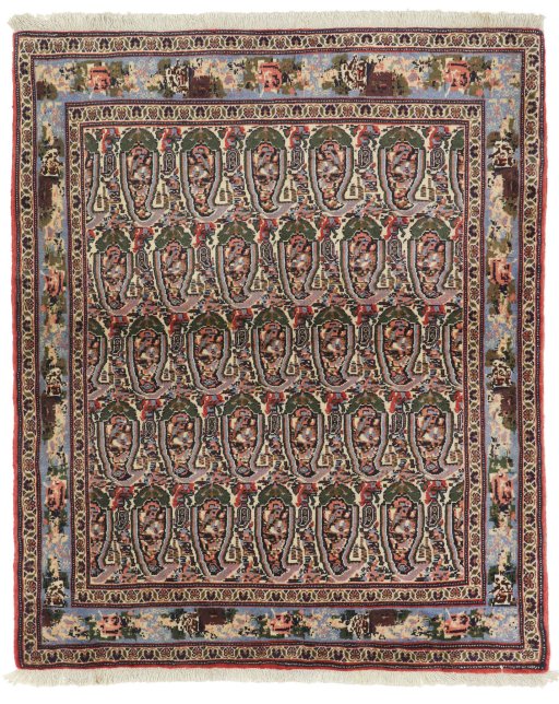 Full view of 1950s Senneh rug from Iran / Persia, 150 × 123 cm in Multi Color tones