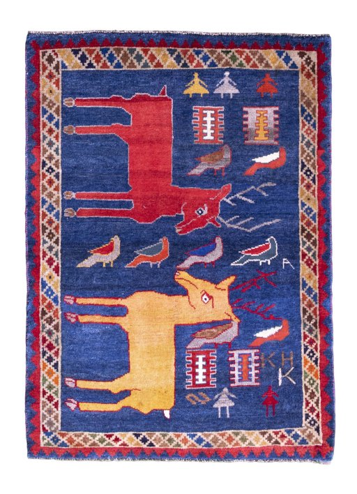 Full view of 2000s Shiraz rug from Iran / Persia, 153 × 110 cm in Blue tones