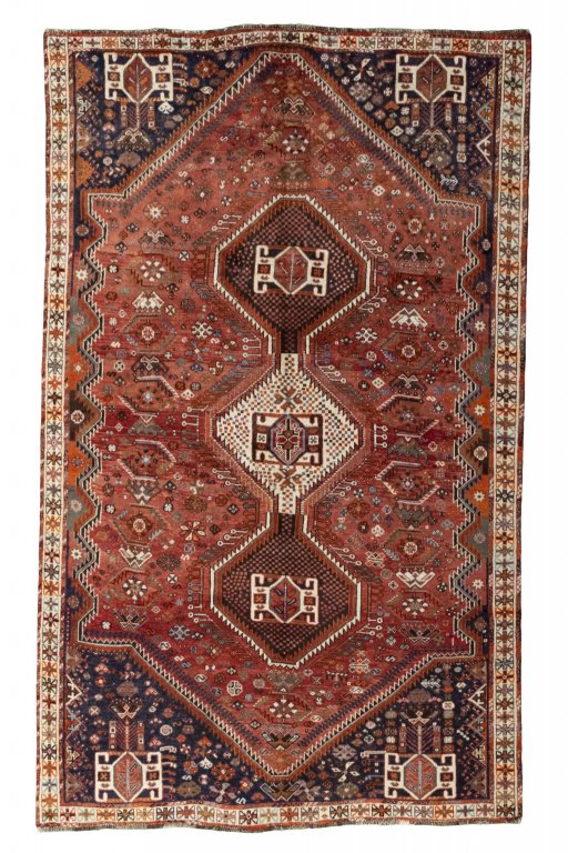 Full view of 2000s Shiraz rug from Iran / Persia, 290 × 176 cm in Red tones
