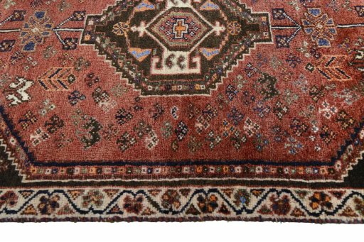 Full view of 2000s Shiraz rug from Iran / Persia, 153 × 100 cm in Red tones