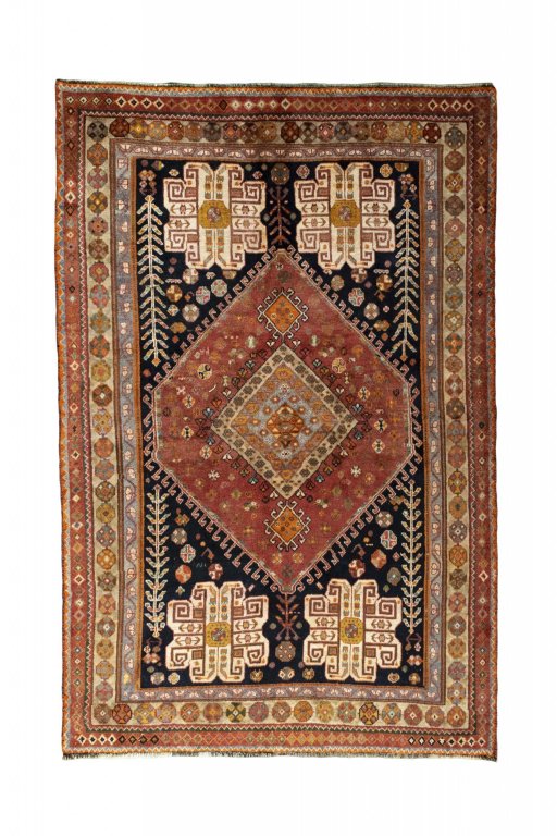 Full view of 2000s Shiraz rug from Iran / Persia, 242 × 160 cm in Red tones