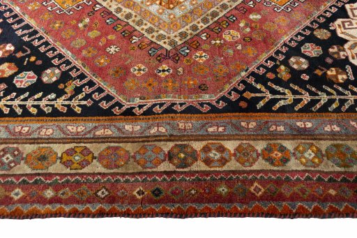 Full view of 2000s Shiraz rug from Iran / Persia, 242 × 160 cm in Red tones