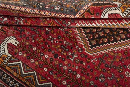 Full view of 2000s Shiraz rug from Iran / Persia, 240 × 153 cm in Red tones