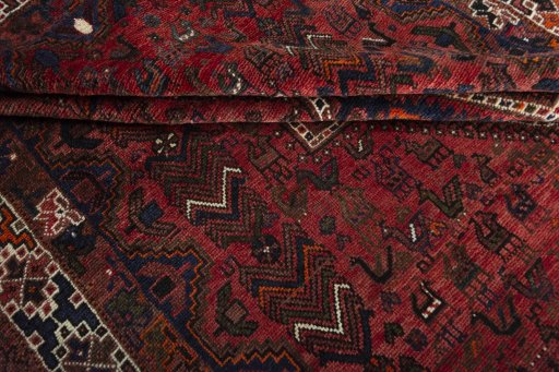 Full view of 2000s Shiraz rug from Iran / Persia, 300 × 203 cm in Red tones