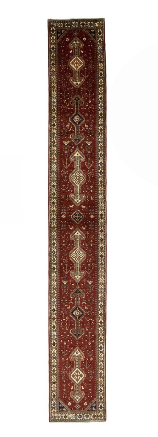 Full view of 2000s Shiraz rug from Iran / Persia, 590 × 86 cm in Red tones