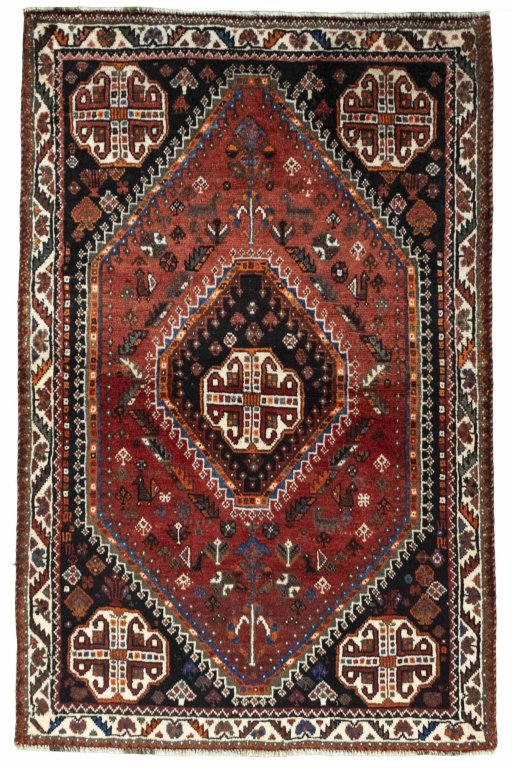 Full view of 2000s Shiraz rug from Iran / Persia, 172 × 112 cm in Red tones