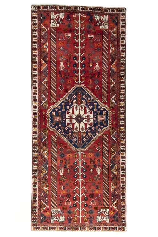 Full view of 2000s Shiraz rug from Iran / Persia, 246 × 104 cm in Red tones