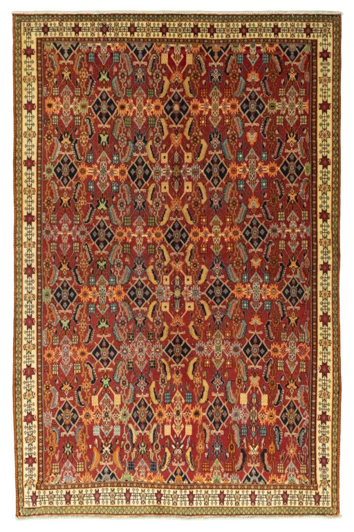 Full view of 2000s Shiraz rug from Iran / Persia, 247 × 161 cm in Red tones