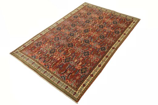 Corner detail of 2000s Shiraz rug showing border pattern and Wool pile