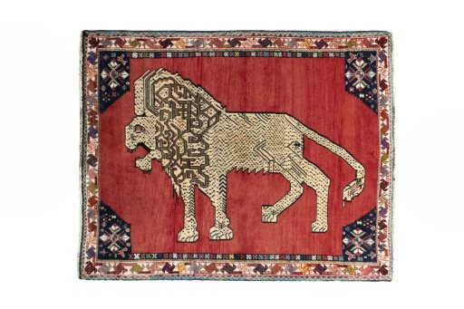 Full view of 2000s Shiraz rug from Iran / Persia, 141 × 113 cm in Red tones
