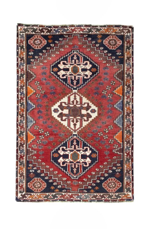 Full view of 2000s Shiraz rug from Iran / Persia, 171 × 115 cm in Red tones