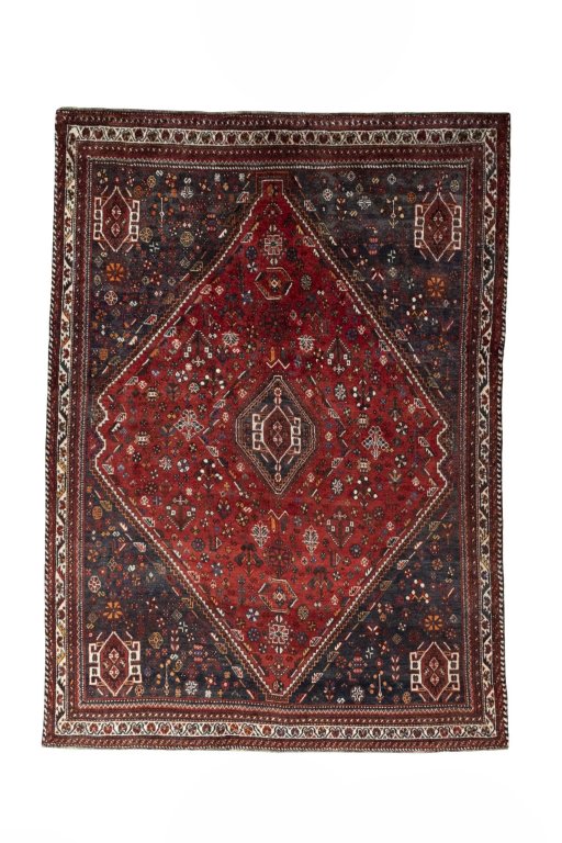 Full view of 2000s Shiraz rug from Iran / Persia, 258 × 185 cm in Red tones