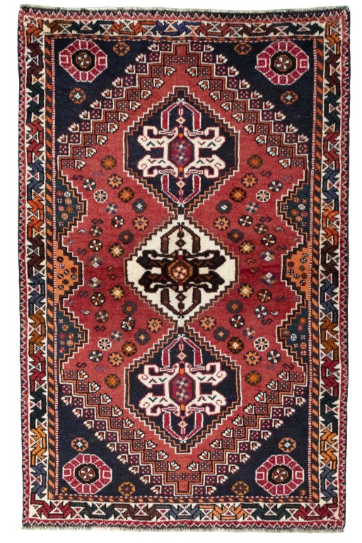 Full view of 2000s Shiraz rug from Iran / Persia, 176 × 114 cm in Red tones