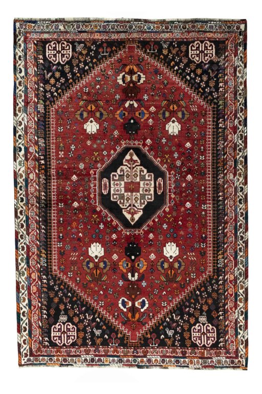 Full view of 2000s Shiraz rug from Iran / Persia, 264 × 180 cm in Red tones