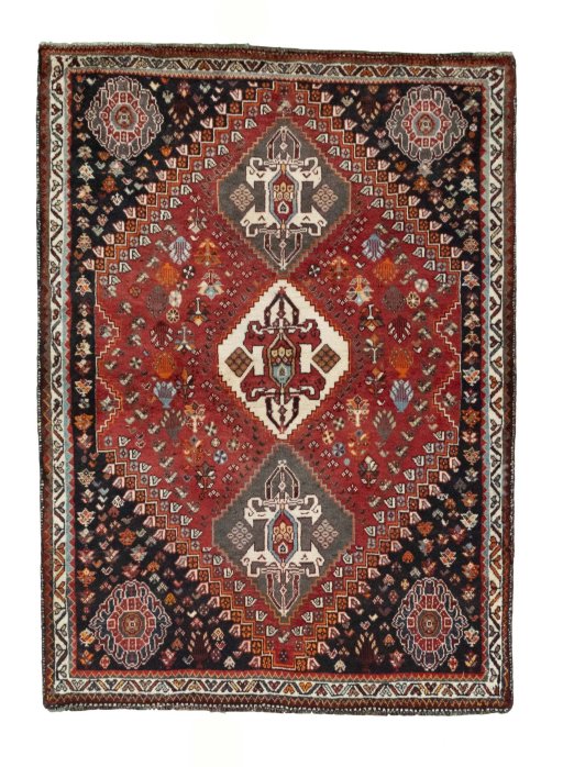 Full view of 2000s Shiraz rug from Iran / Persia, 164 × 120 cm in Red tones