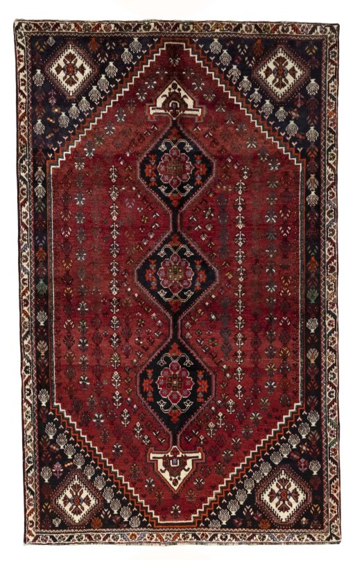 Full view of 2000s Shiraz rug from Iran / Persia, 280 × 172 cm in Red tones