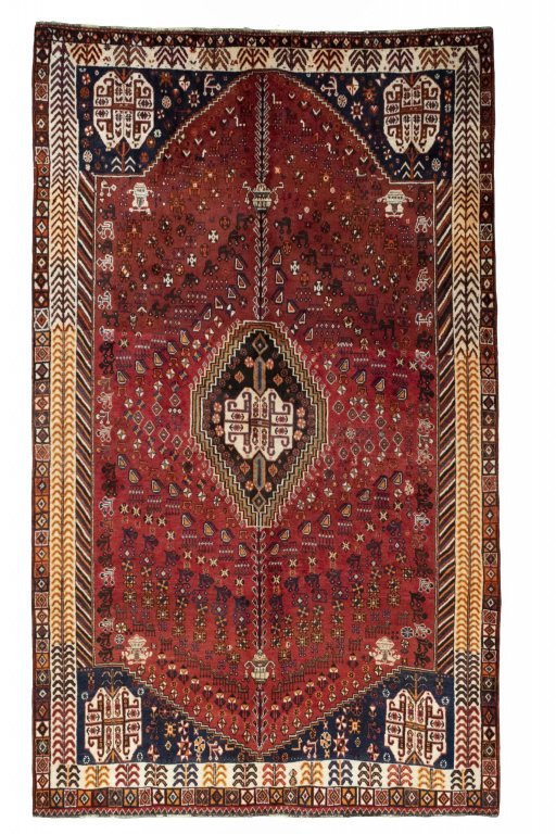 Full view of 2000s Shiraz rug from Iran / Persia, 276 × 165 cm in Red tones