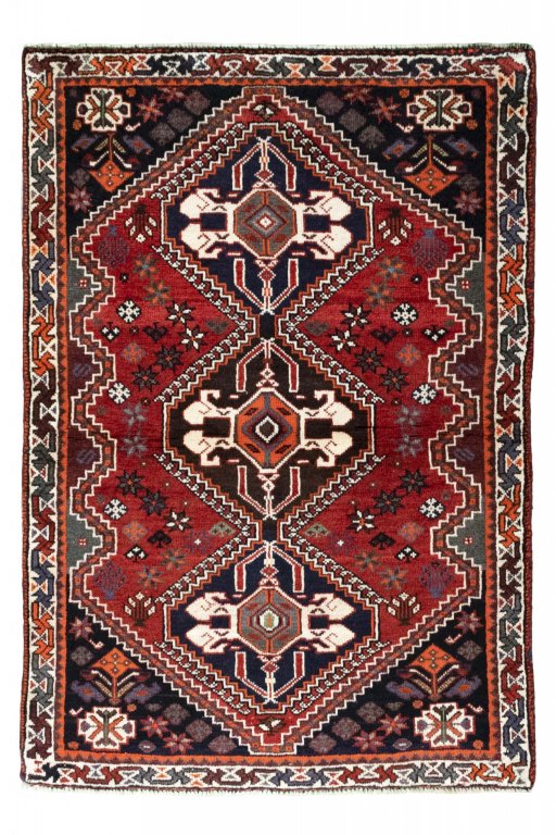 Full view of 2000s Shiraz rug from Iran / Persia, 159 × 110 cm in Red tones