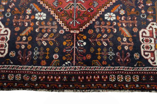 Full view of 2000s Shiraz rug from Iran / Persia, 241 × 150 cm in Red tones