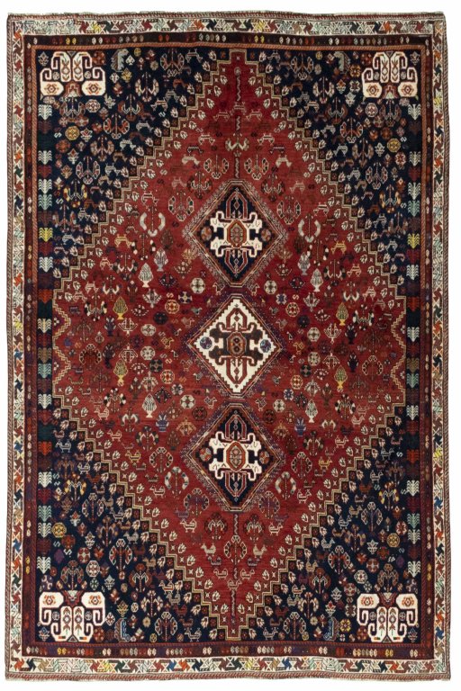 Full view of 2000s Shiraz rug from Iran / Persia, 258 × 172 cm in Red tones