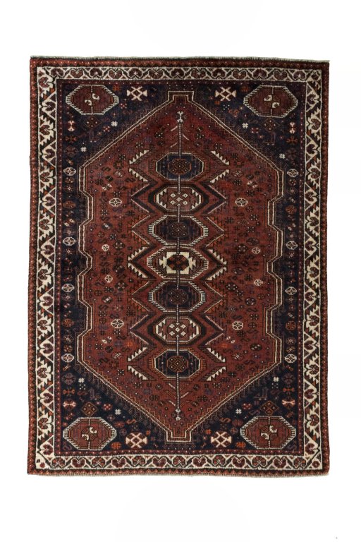 Full view of 2000s Shiraz rug from Iran / Persia, 151 × 108 cm in Red tones