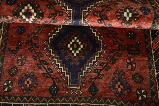 Full view of 2000s Shiraz rug from Iran / Persia, 151 × 105 cm in Red tones