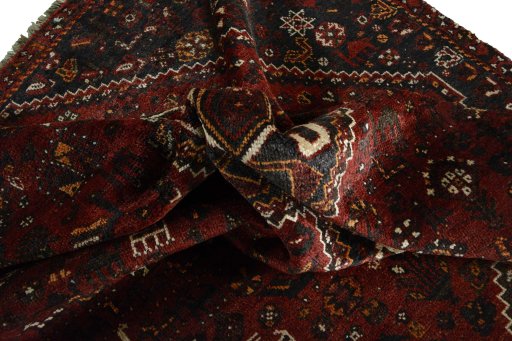 Full view of 2000s Shiraz rug from Iran / Persia, 265 × 177 cm in Red tones