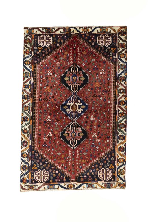 Full view of 2000s Shiraz rug from Iran / Persia, 255 × 165 cm in Red tones