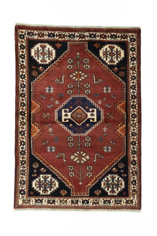 Full view of 2000s Shiraz rug from Iran / Persia, 156 × 110 cm in Red tones