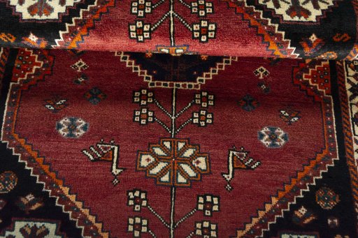 Full view of 2000s Shiraz rug from Iran / Persia, 156 × 110 cm in Red tones