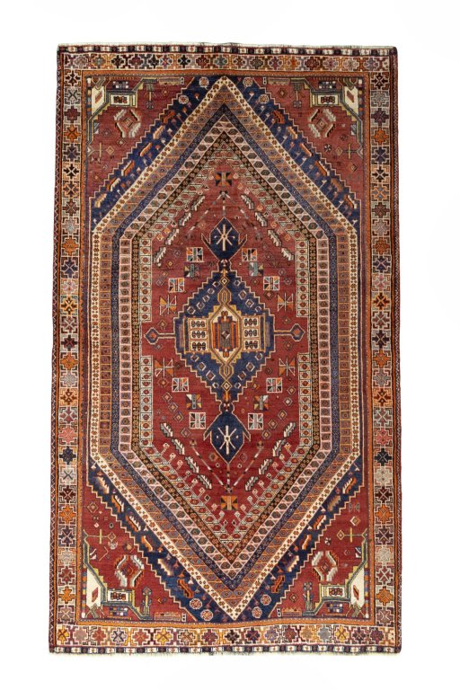 Full view of 2000s Shiraz rug from Iran / Persia, 264 × 152 cm in Red tones