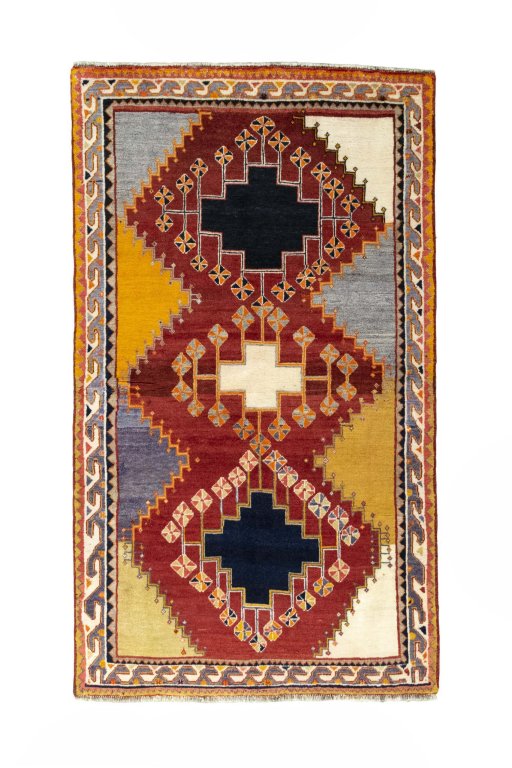 Full view of 2000s Shiraz rug from Iran / Persia, 216 × 125 cm in Red tones