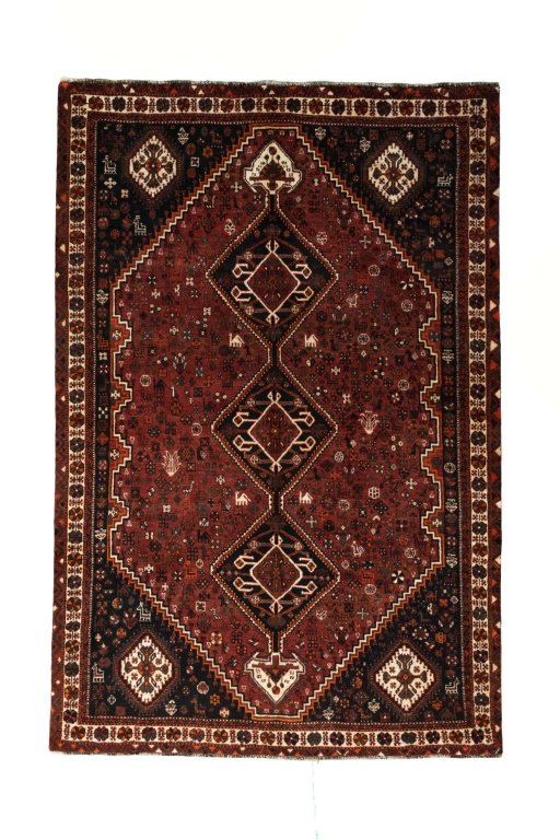 Full view of 2000s Shiraz rug from Iran / Persia, 271 × 180 cm in Red tones